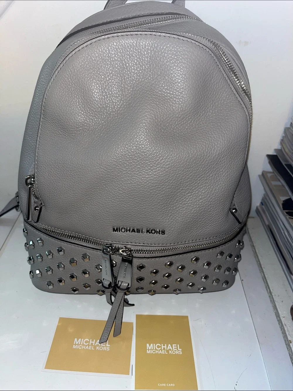 NWOT MICHAEL KORS REA STUDDED GRAY PEBBLED LEATHER BACKPACK